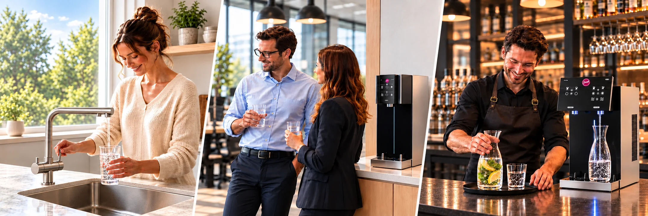 Trinkwasser zuhause an der Mehrwege-Armatur, im Büro mit Frizz-On 60 und an der Bar mit Frizz-On 150